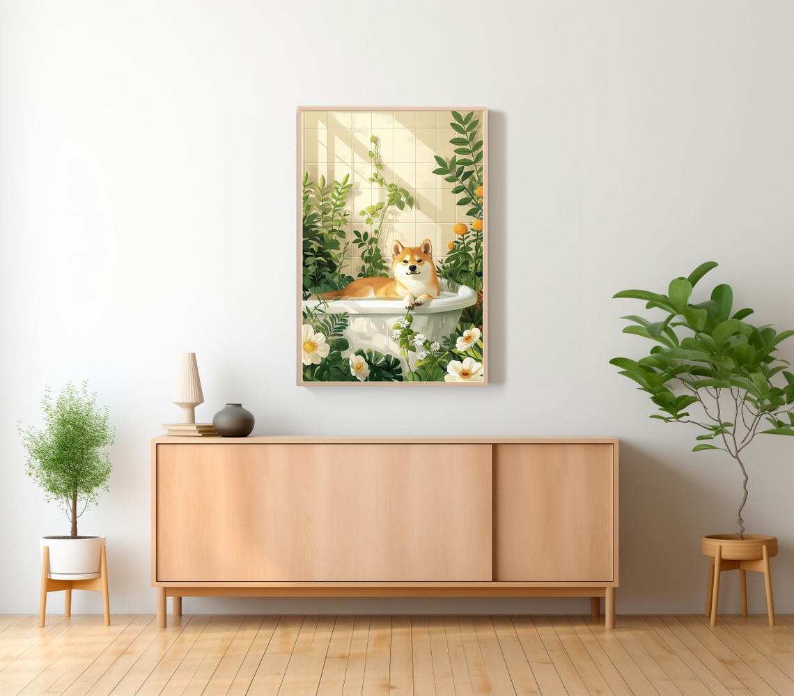 Smiling Shiba Inu in Sunny Bathtub with White Daisies Poster - Image 2