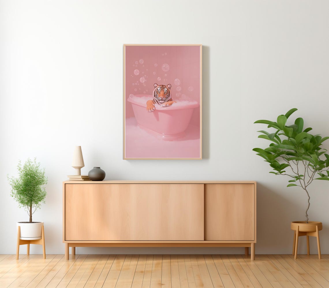 Adorable Tiger Cub Relaxing in a Pink Bubble Bath Pastel Art Poster - Image 2
