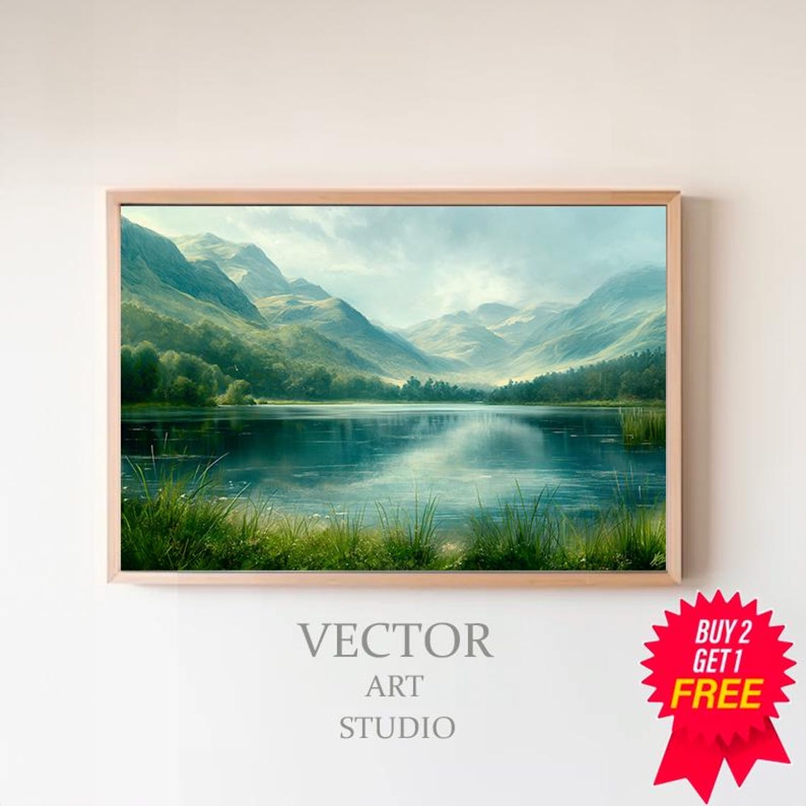 Turquoise Mountain Lake with Lush Green Shores Bright View Poster