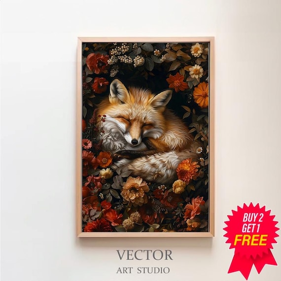 Sleeping Red Fox Curled Up Peacefully Among Autumn Flowers Poster