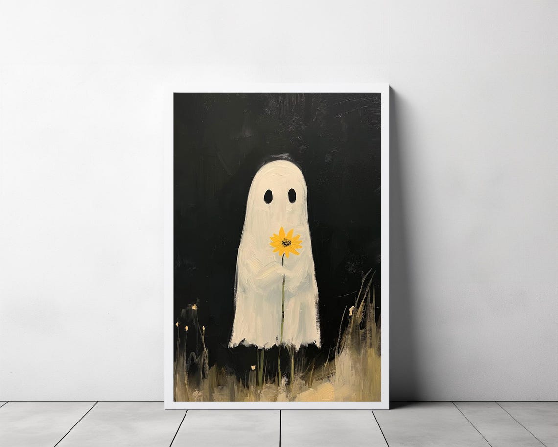 Sheet Ghost Holding a Sunflower Painted Black Background Art Poster - Image 3