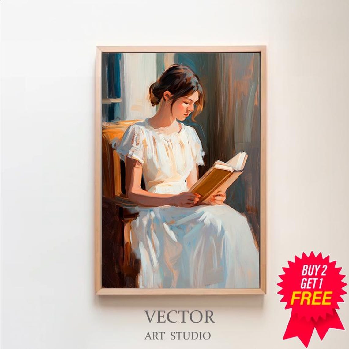 Young Woman Reading by the Window in Warm Light Oil Painting Poster