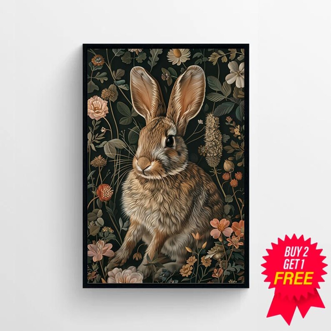 Fluffy Brown Bunny Among Wildflowers Vintage Nature Illustration Poster - Image 4