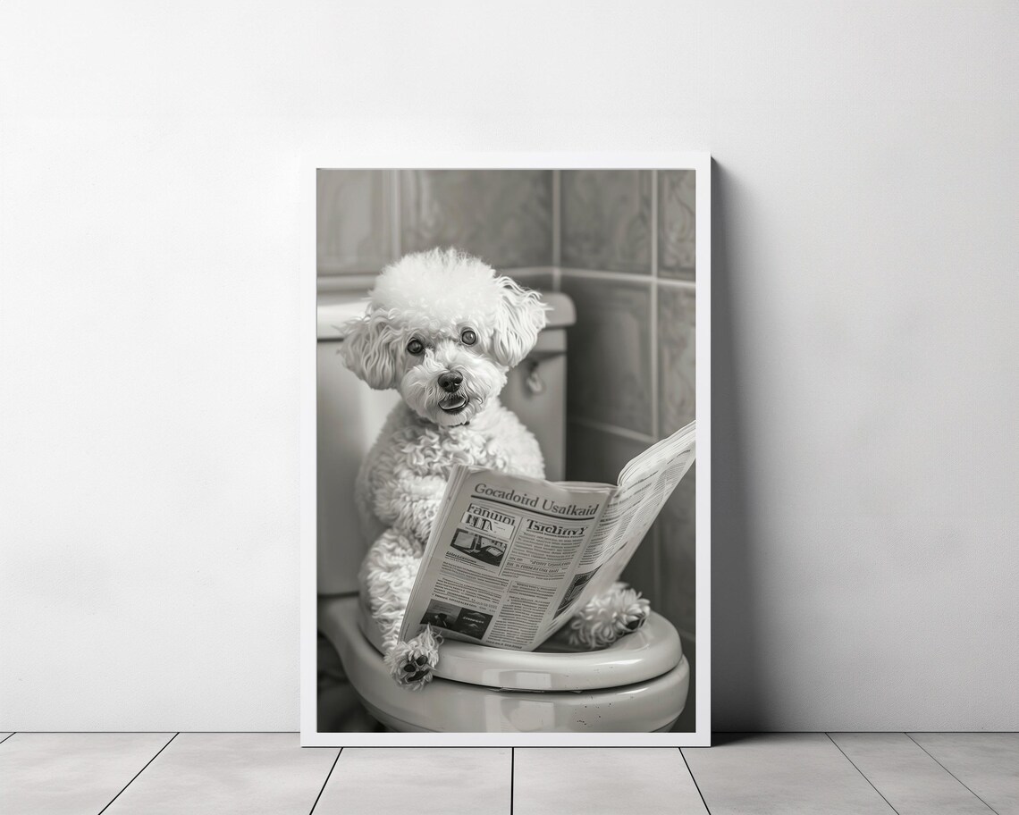 Smiling Bichon Frise with Newspaper on Toilet Vintage Funny Art Print - Image 3
