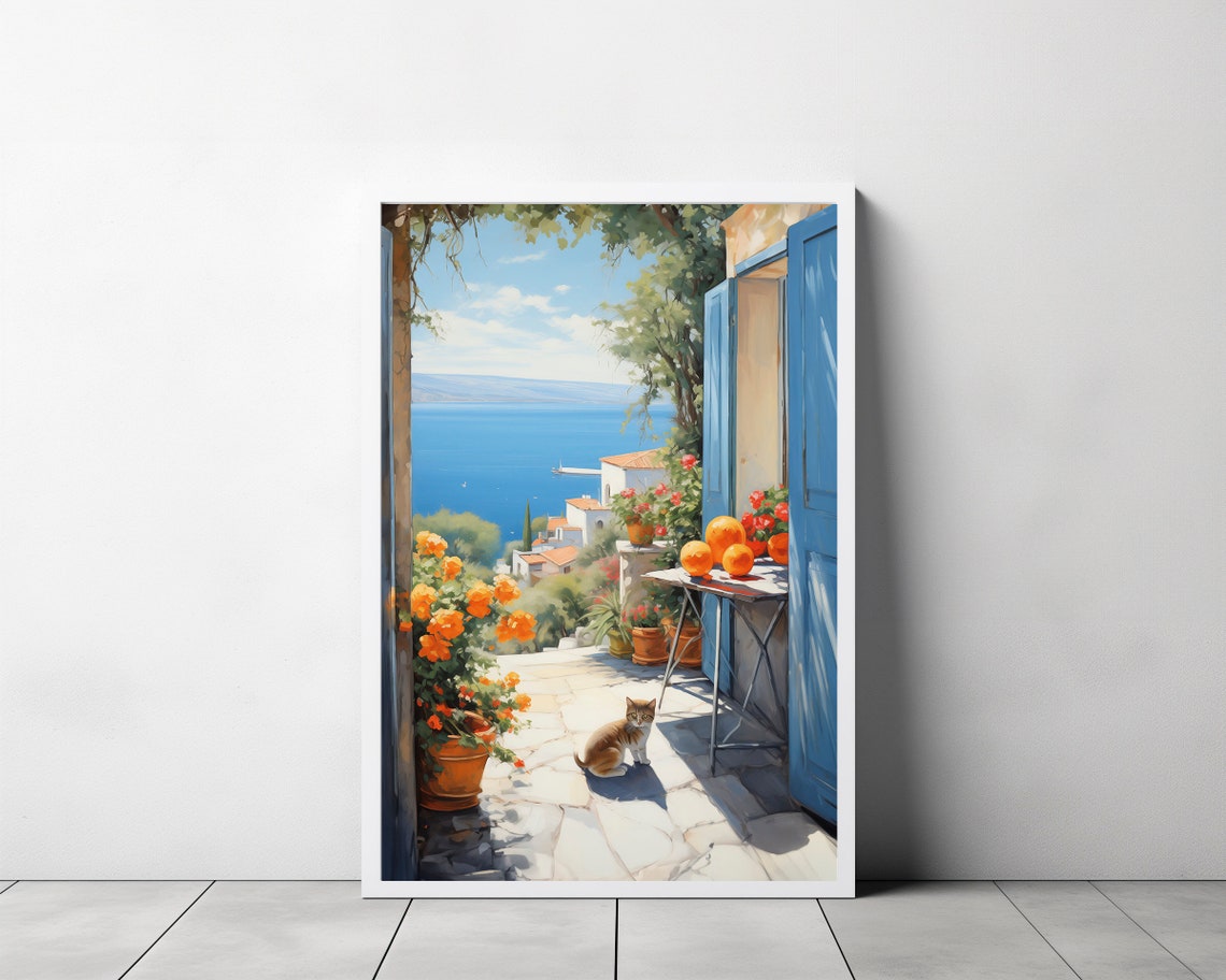 Amalfi Coast Terrace Blue Doors Mediterranean Sea View Travel Poster - Image 3