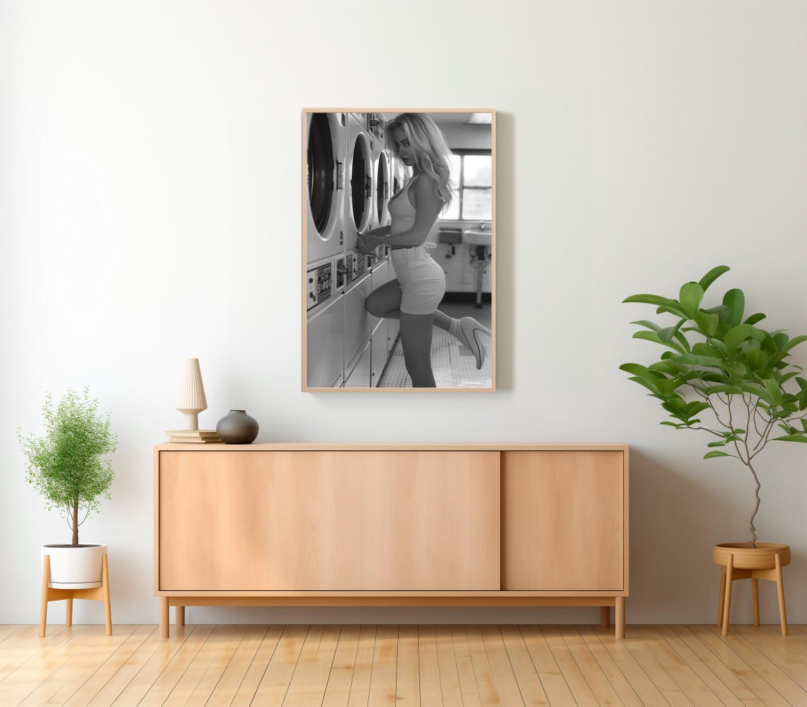 Blonde Pin Up Girl Doing Laundry at the Laundromat Black White Poster - Image 2