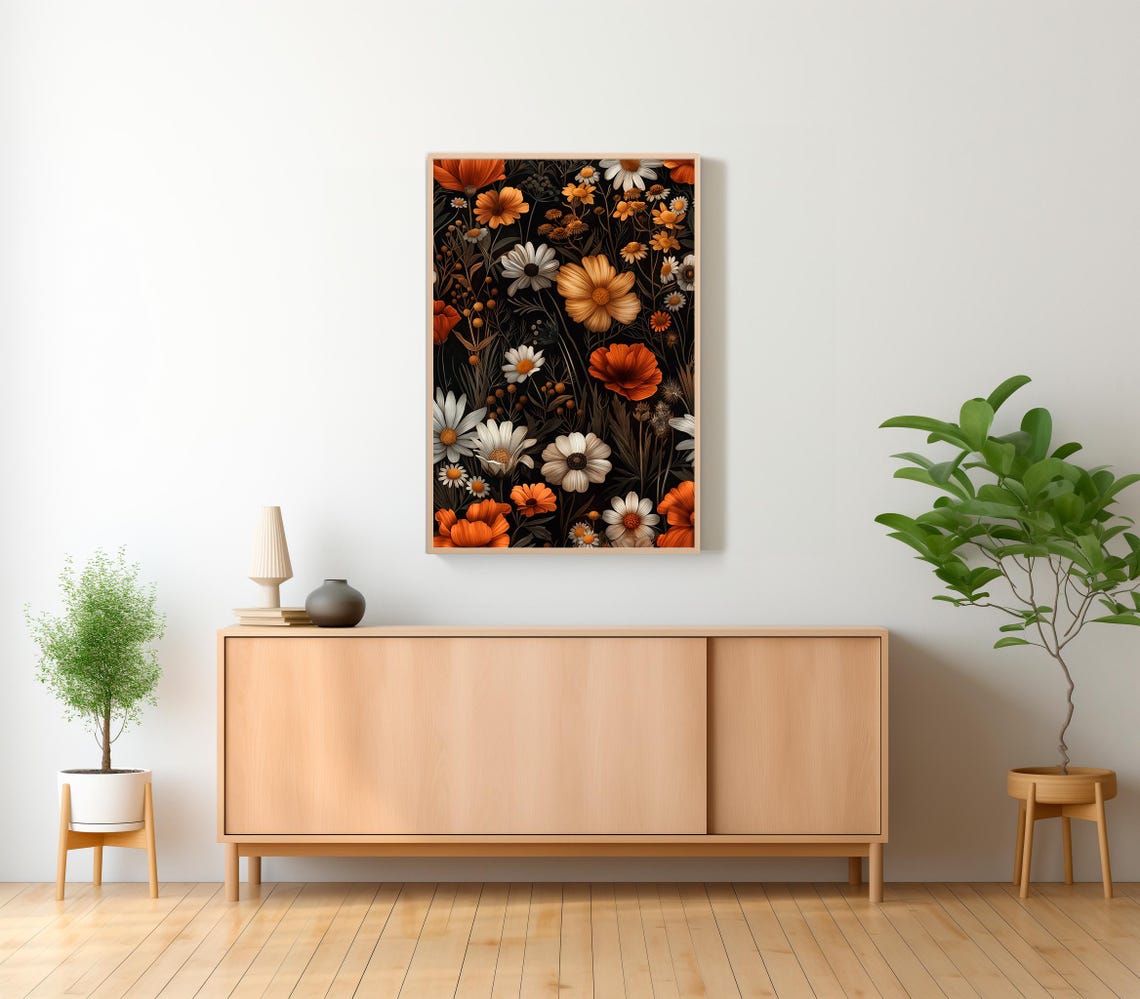 Orange and White Wildflowers Moody Dark Botanical Art Poster - Image 2