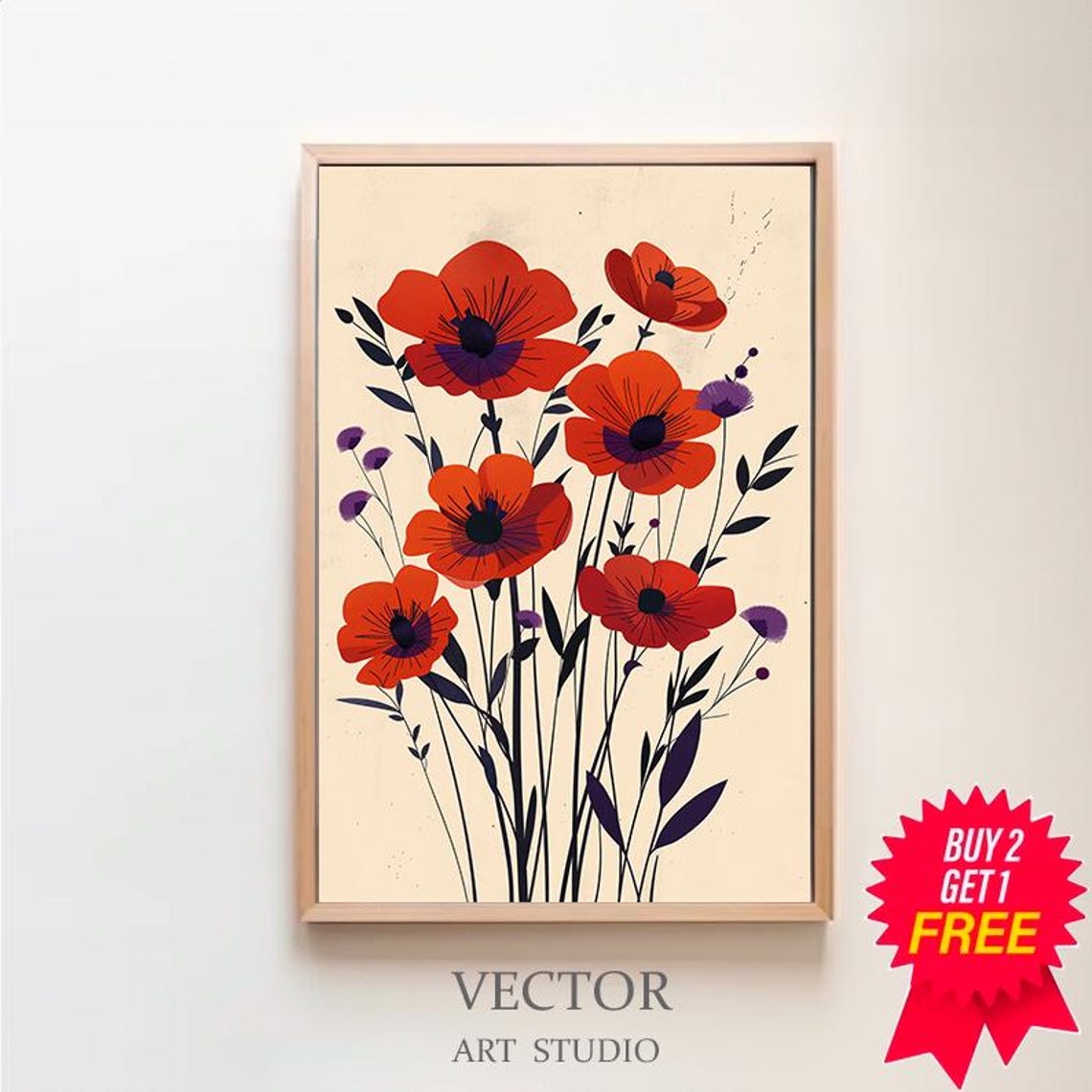 Red Poppies with Purple Wildflower Accents Floral Art Poster