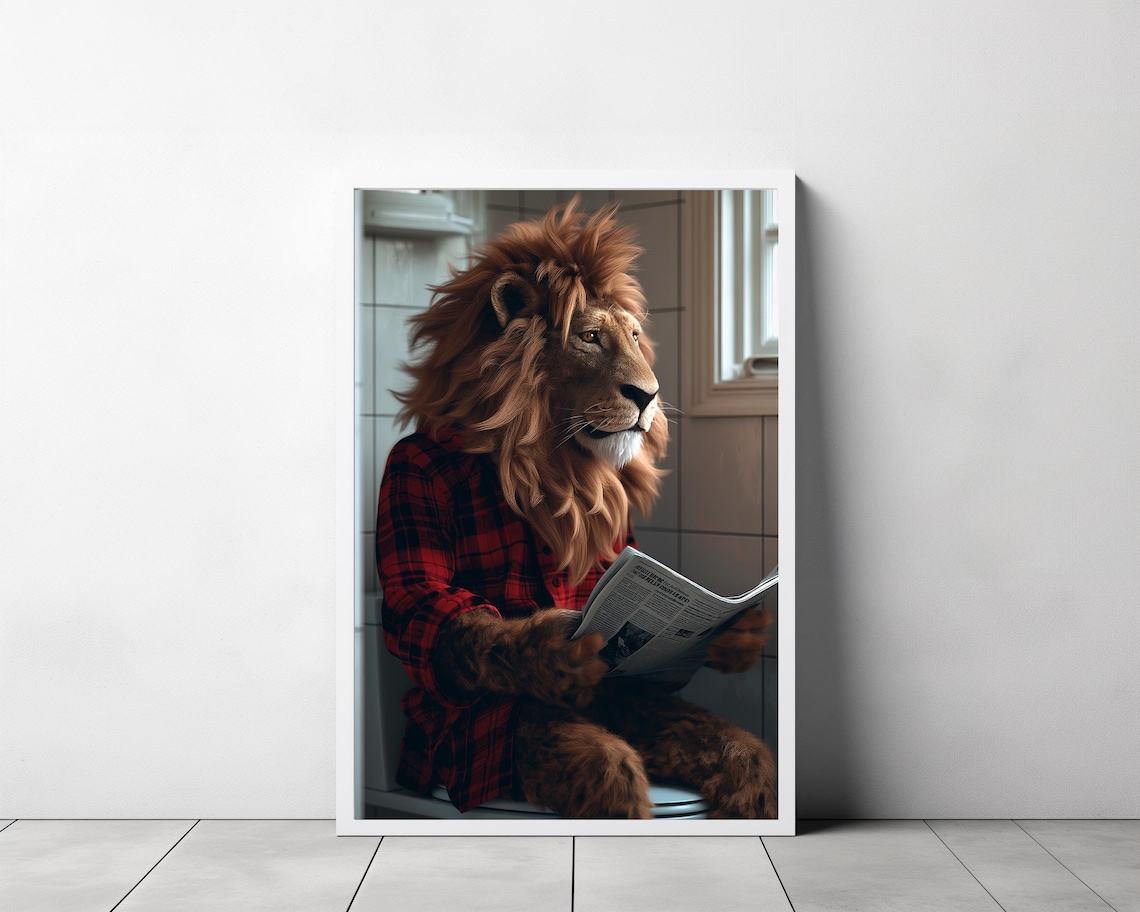 Funny Lion in Plaid Shirt Reading Newspaper on Toilet Bathroom Poster - Image 3