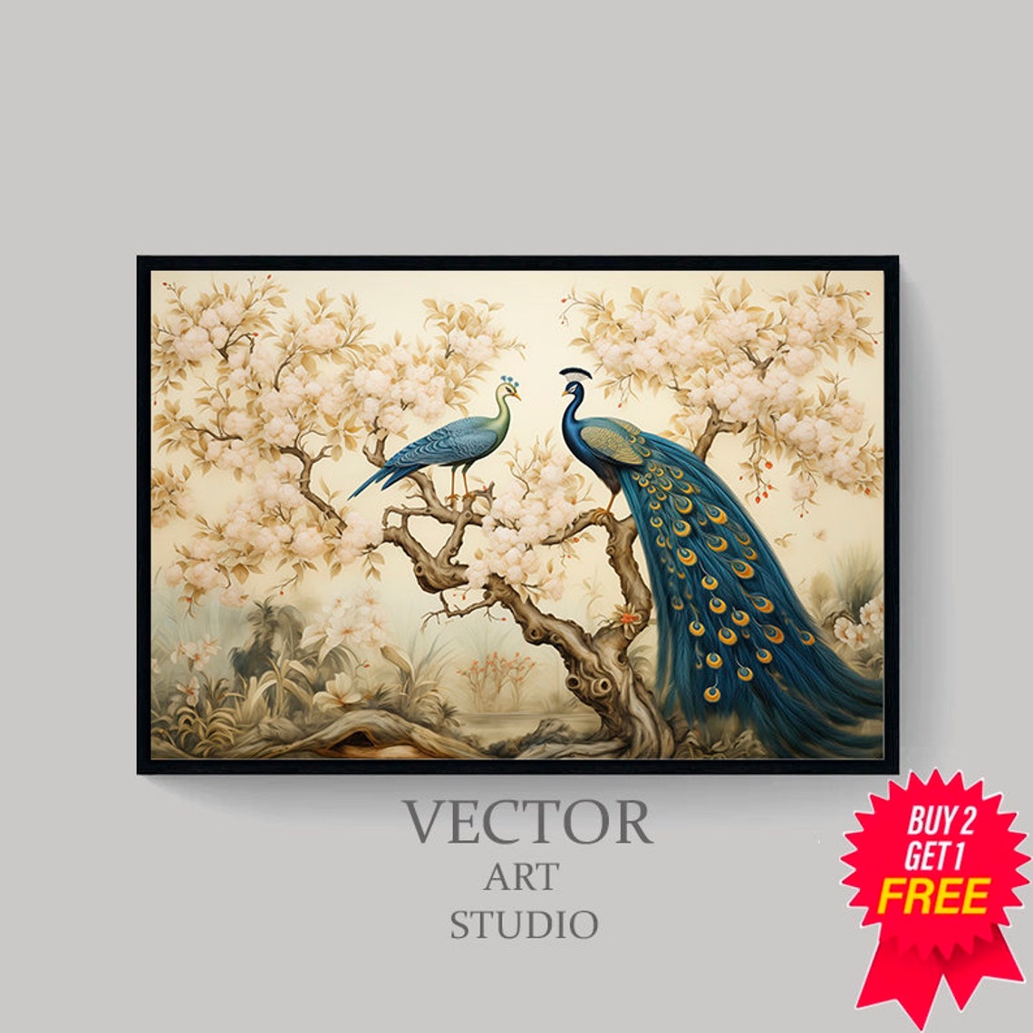Peacock Pair Blooming Tree Facing Each Other Chinoiserie Poster - Image 4