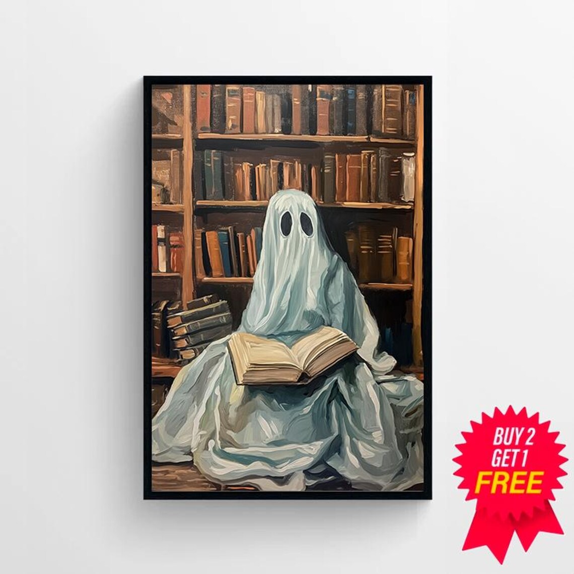 Cute Ghost Reading An Open Book Before Vintage Bookshelves Library Poster - Image 4