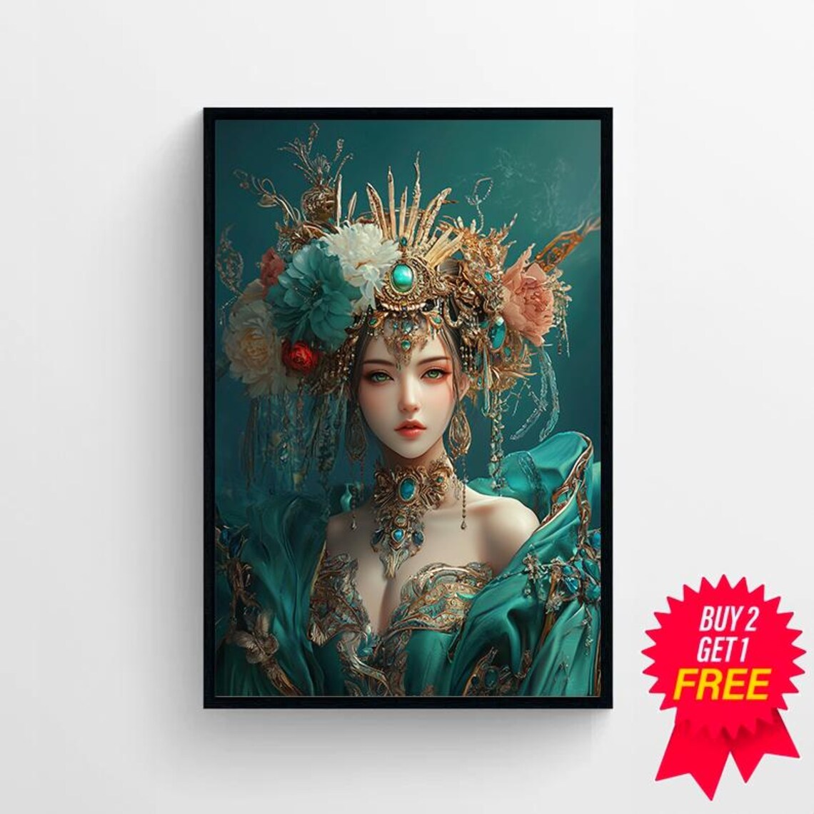 Green Tara Goddess With Gold Floral Headdress Teal Robes Art Poster - Image 4