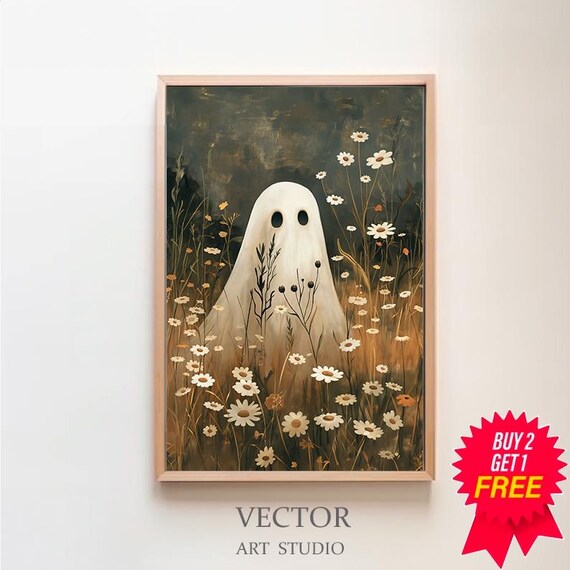Cute Ghost in Daisy Meadow Dark Vintage Halloween Decor Poster