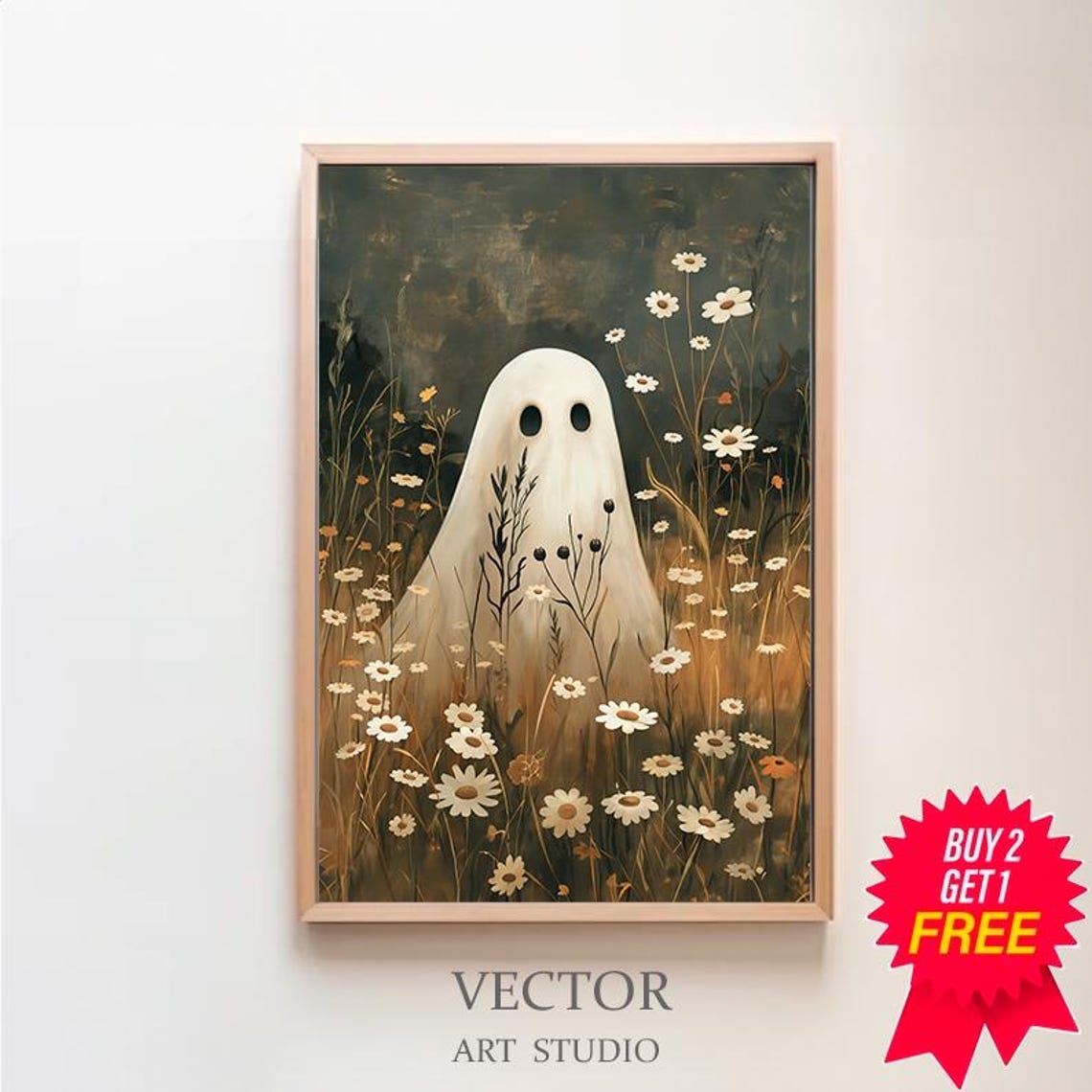 Cute Ghost in Daisy Meadow Dark Vintage Halloween Decor Poster