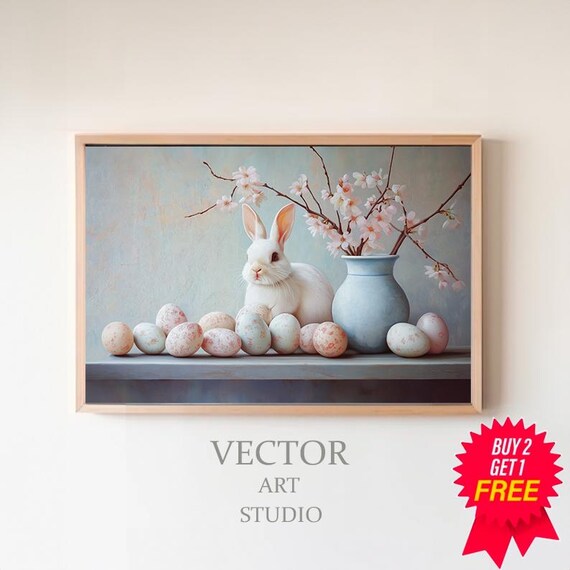 White Bunny with Easter Eggs and Cherry Blossom Spring Poster