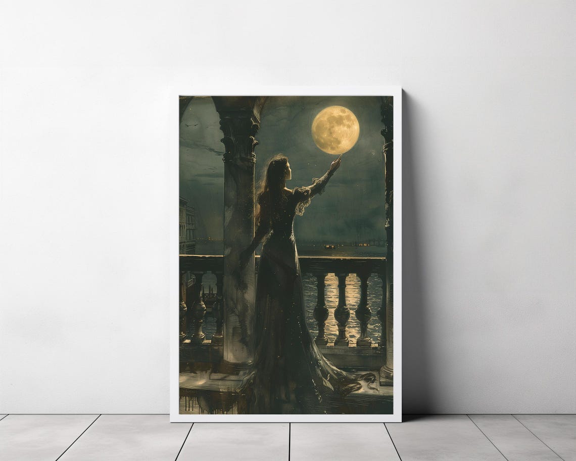 Gothic Woman Reaching for the Full Moon Night Dark Art Poster - Image 3