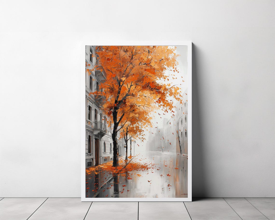 Impressionist Autumn City Street with a Blazing Orange Tree Poster - Image 3