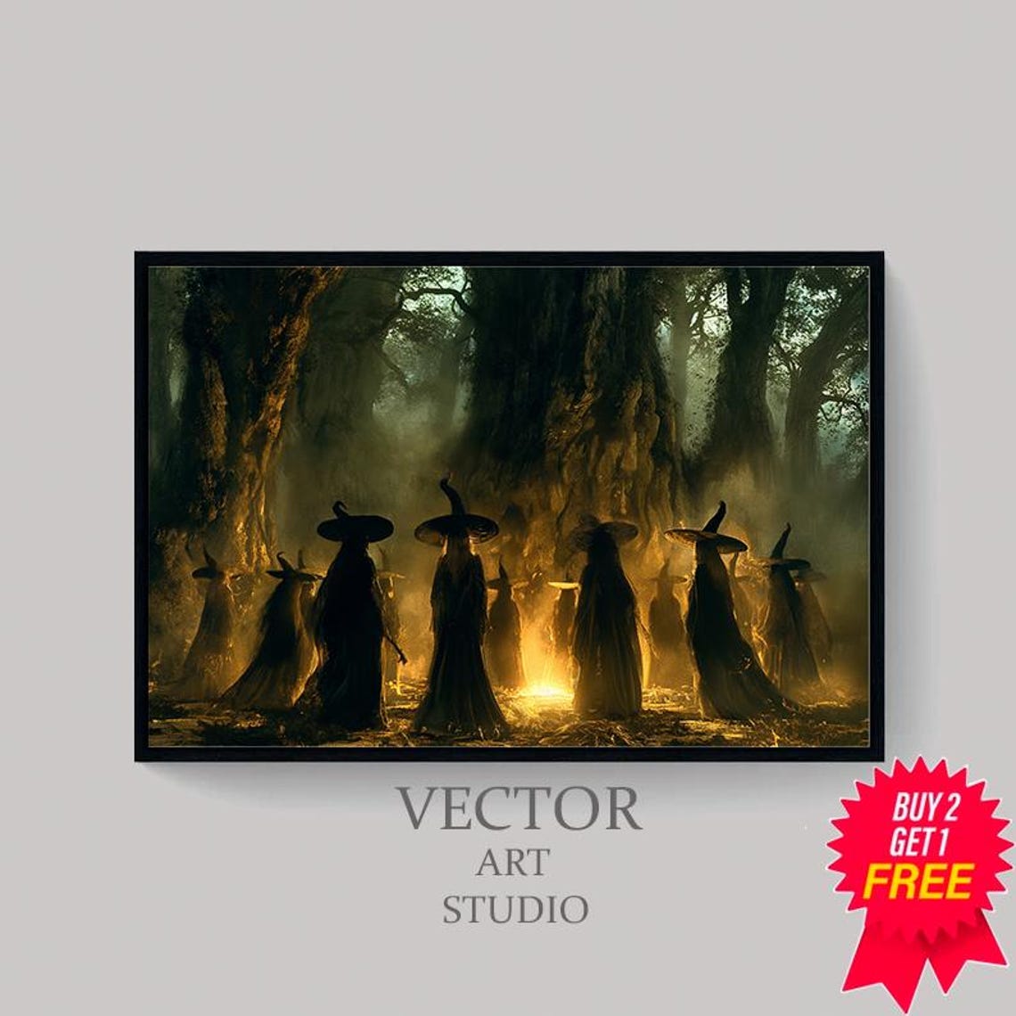 Dark Forest Witches Coven Gathered Around Bonfire Witchy Poster - Image 4