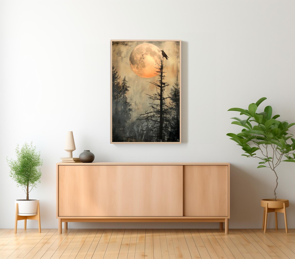 Giant Harvest Moon Behind a Crow Perched on a Bare Pine Tree Art Poster - Image 2
