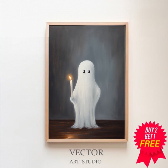 Cute Ghost Holding Candle on Dark Gray Whimsical Halloween Art Poster