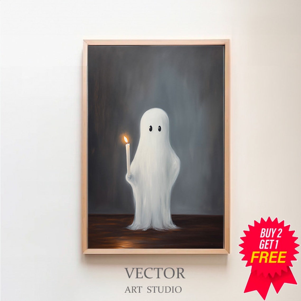Cute Ghost Holding Candle on Dark Gray Whimsical Halloween Art Poster