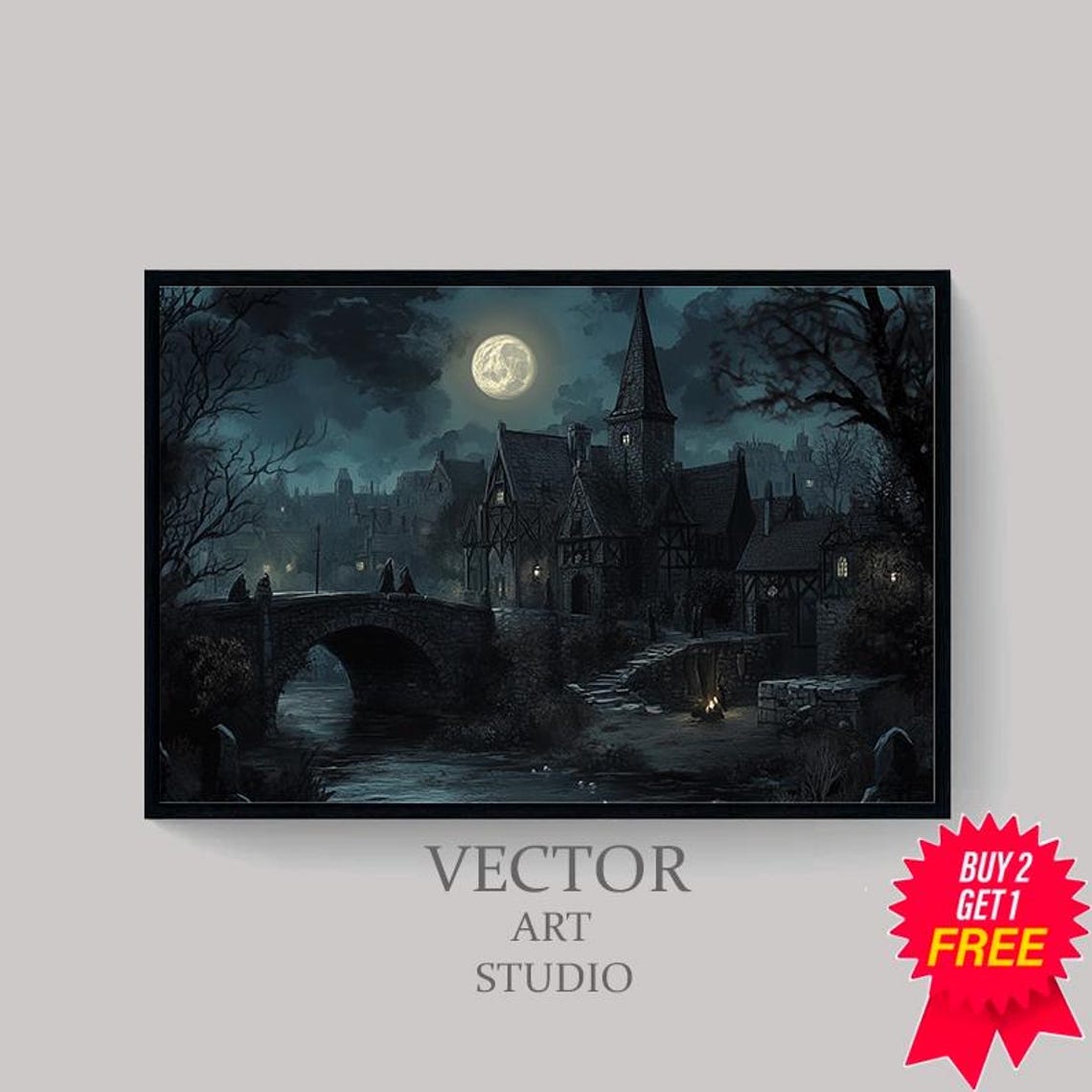 Moonlit Village With Church Spire Spooky Gothic Painting Poster - Image 4