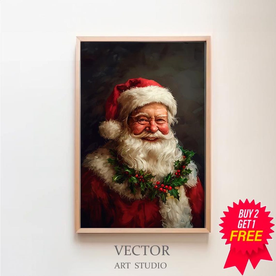Classic Santa Claus Portrait with Holly Christmas Painting Poster