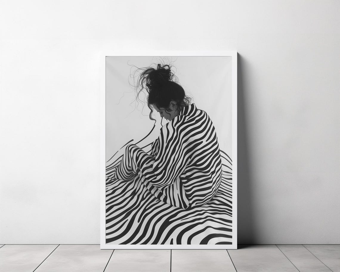 Black and White Striped Woman Seated in Contemplative Pose Poster - Image 3