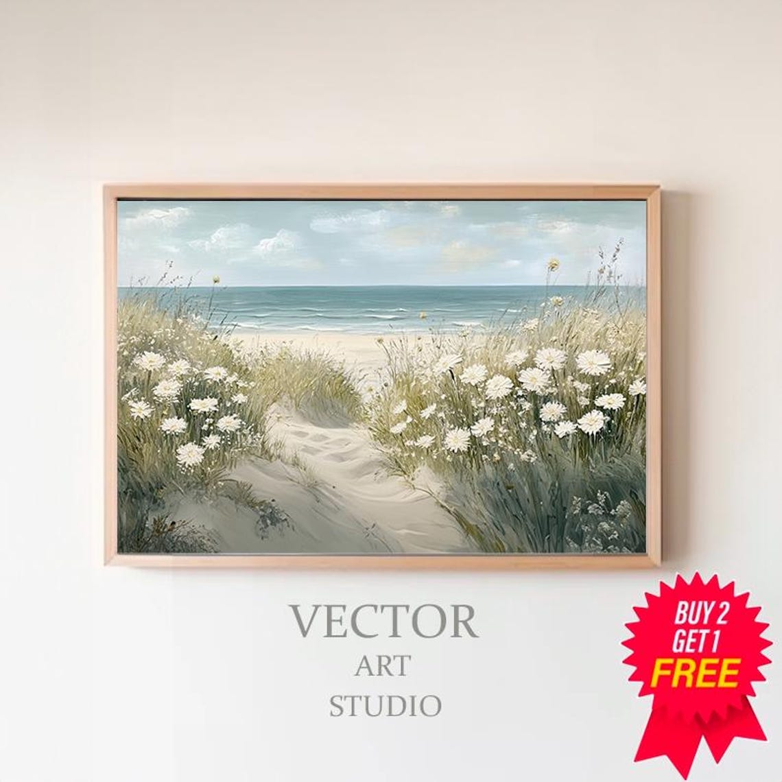 Sandy Beach Path Through White Wildflowers by the Ocean Poster