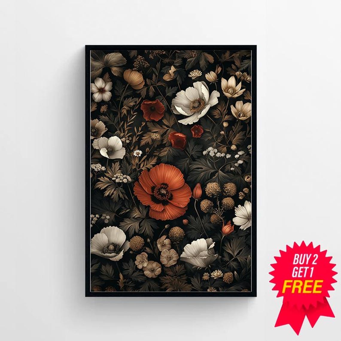 Moody Dark Botanical Garden with Red Orange Poppy Centerpiece Poster - Image 4
