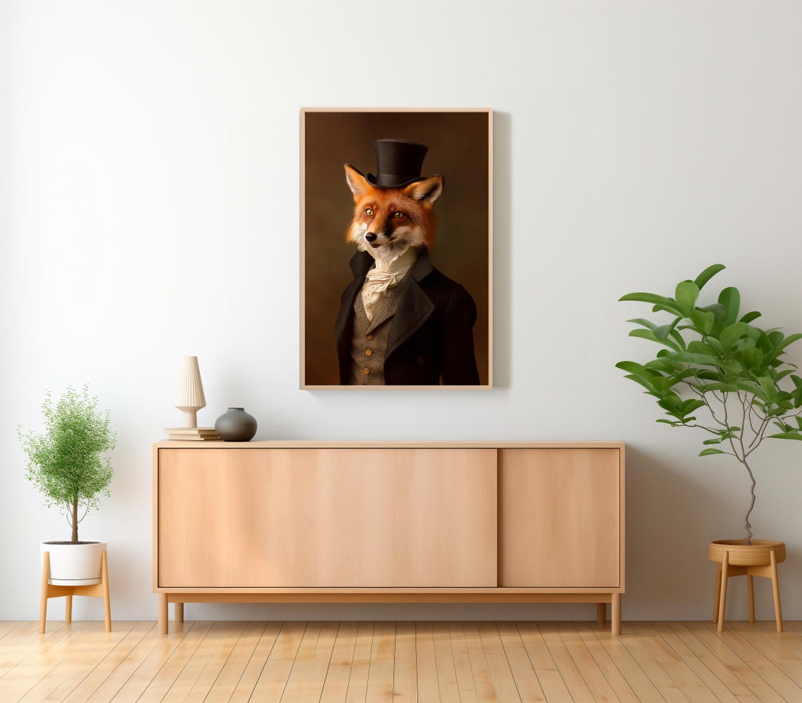 Regal Red Fox Wearing Top Hat Victorian Portrait Animal Wall Art - Image 2