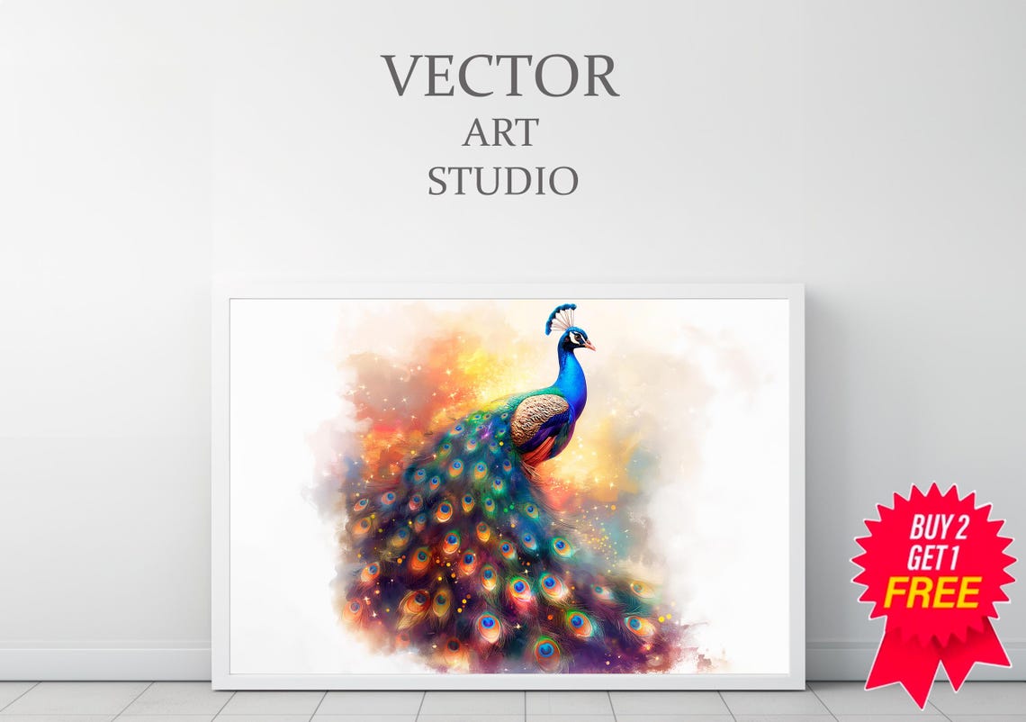 Watercolor Peacock with Colorful Fanned Tail Feathers Poster - Image 3