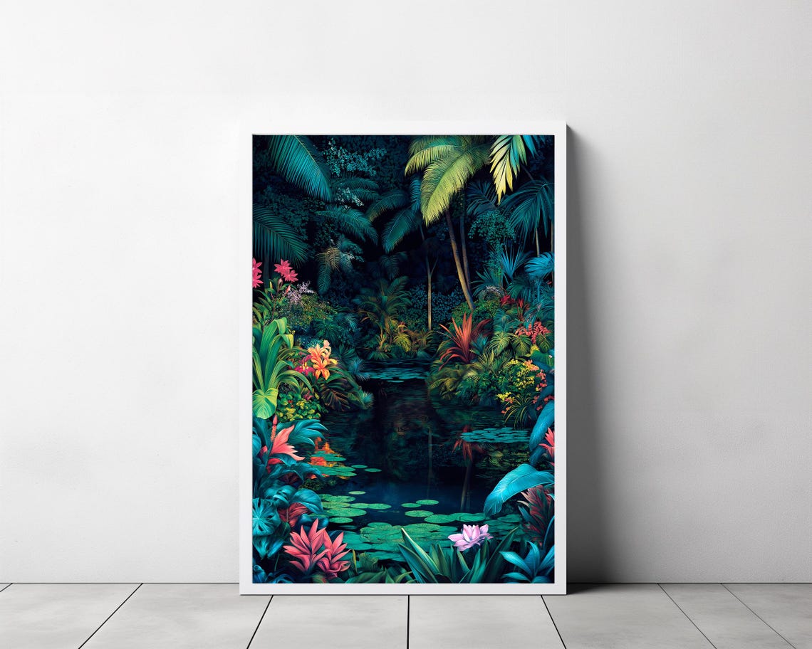 Moonlit Midnight Tropical Jungle with Dark Lagoon Botanical Poster - Image 3