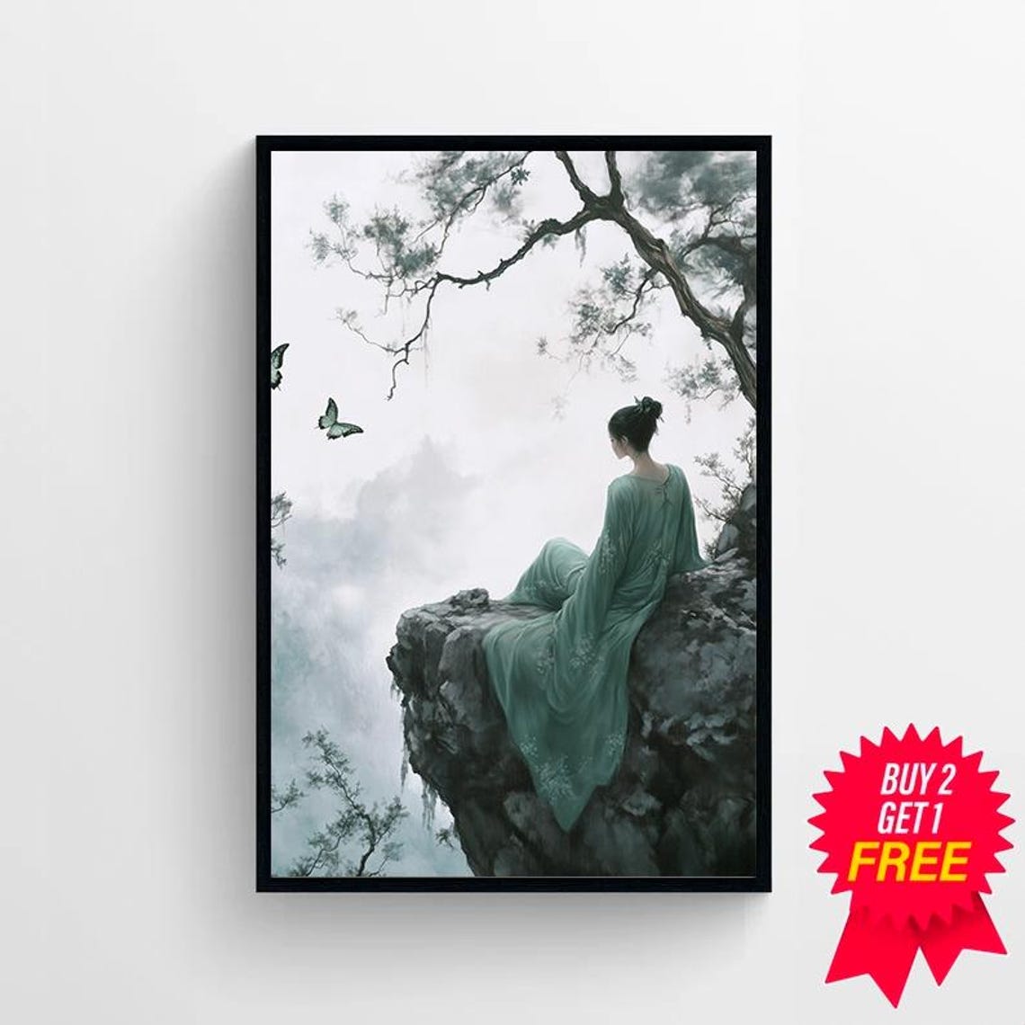 Artemis in Sage Robe Sitting on Cliff Misty Peaks Butterflies Poster - Image 4