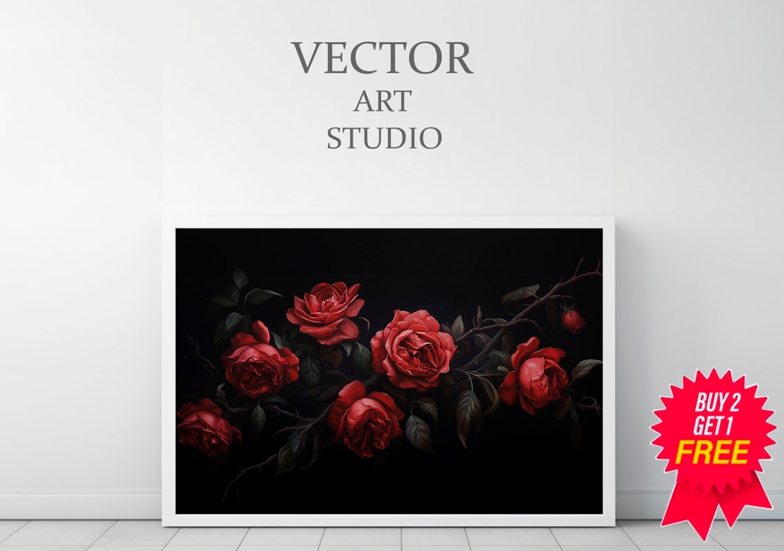 Dark Red Roses on Thorn Branch Moody Black Background Poster - Image 3