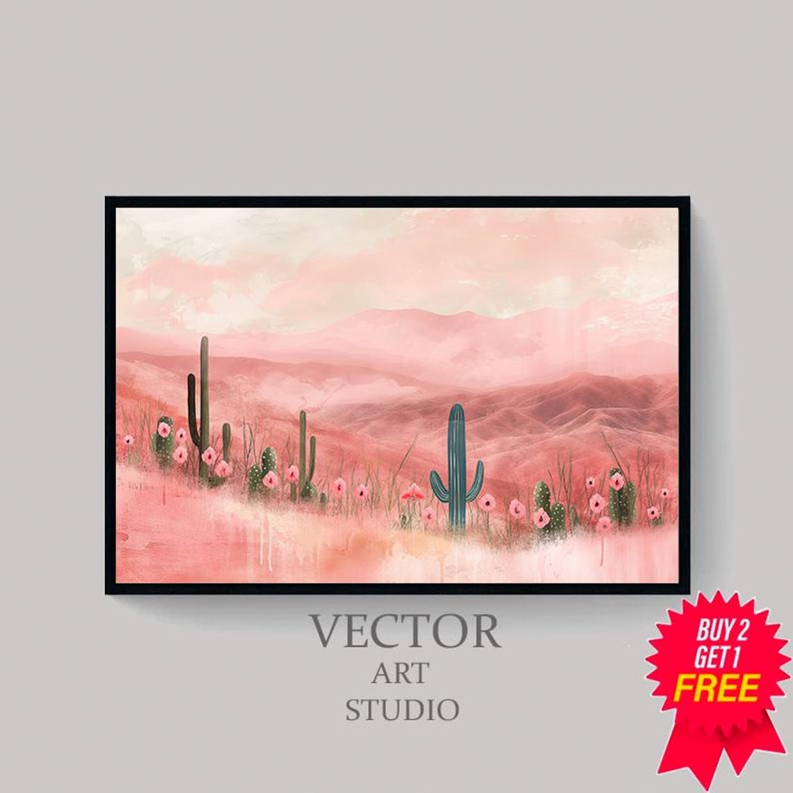 Pink Desert Sunset with Blooming Cacti Landscape Watercolor Poster - Image 4