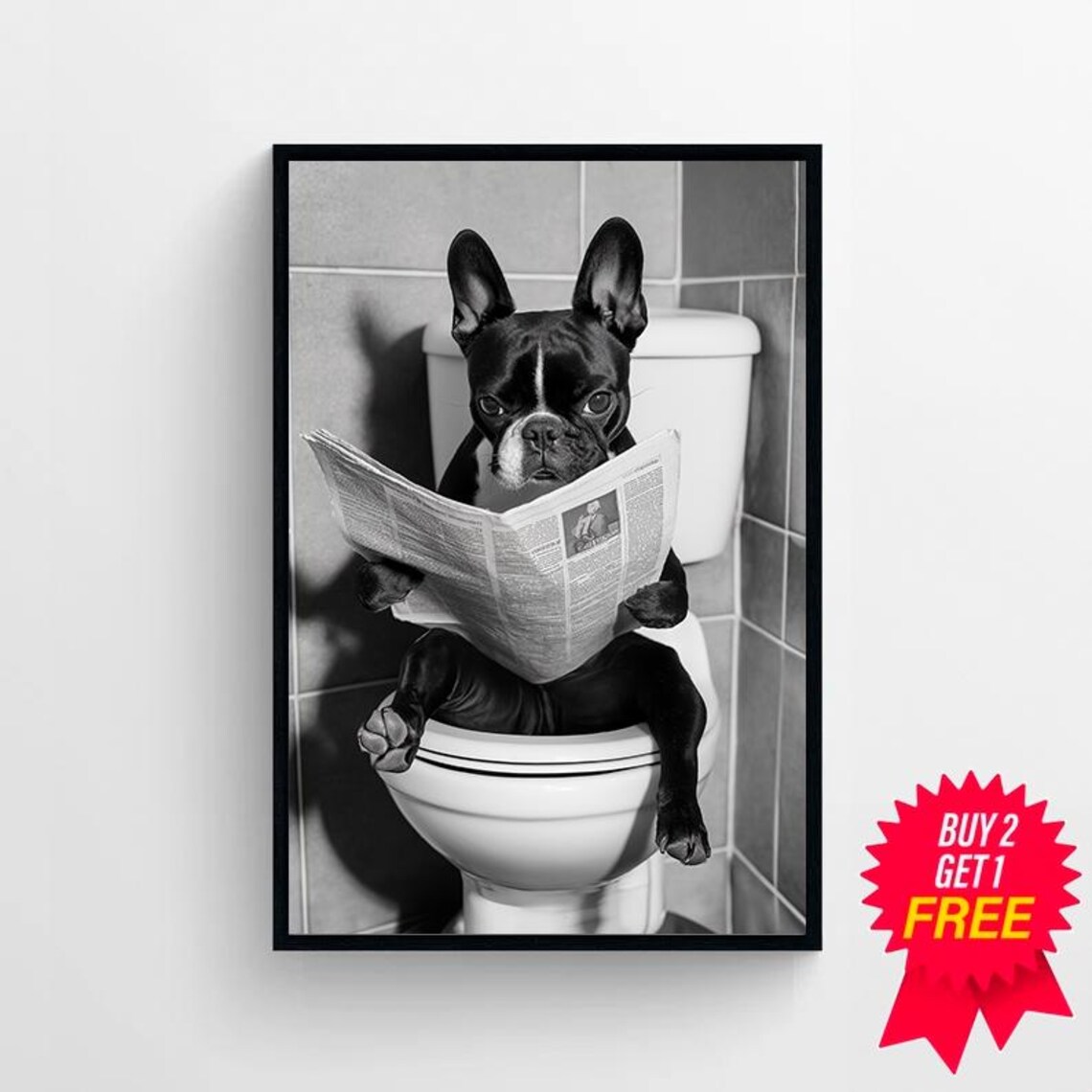 French Bulldog On Toilet Reading Newspaper Funny Photo Poster - Image 4