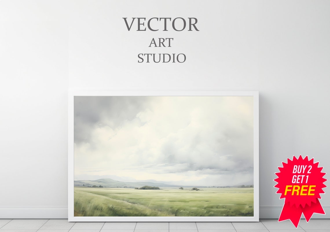 Vast Green Prairie Under Cloudy Sky Serene Nature Landscape Poster - Image 3