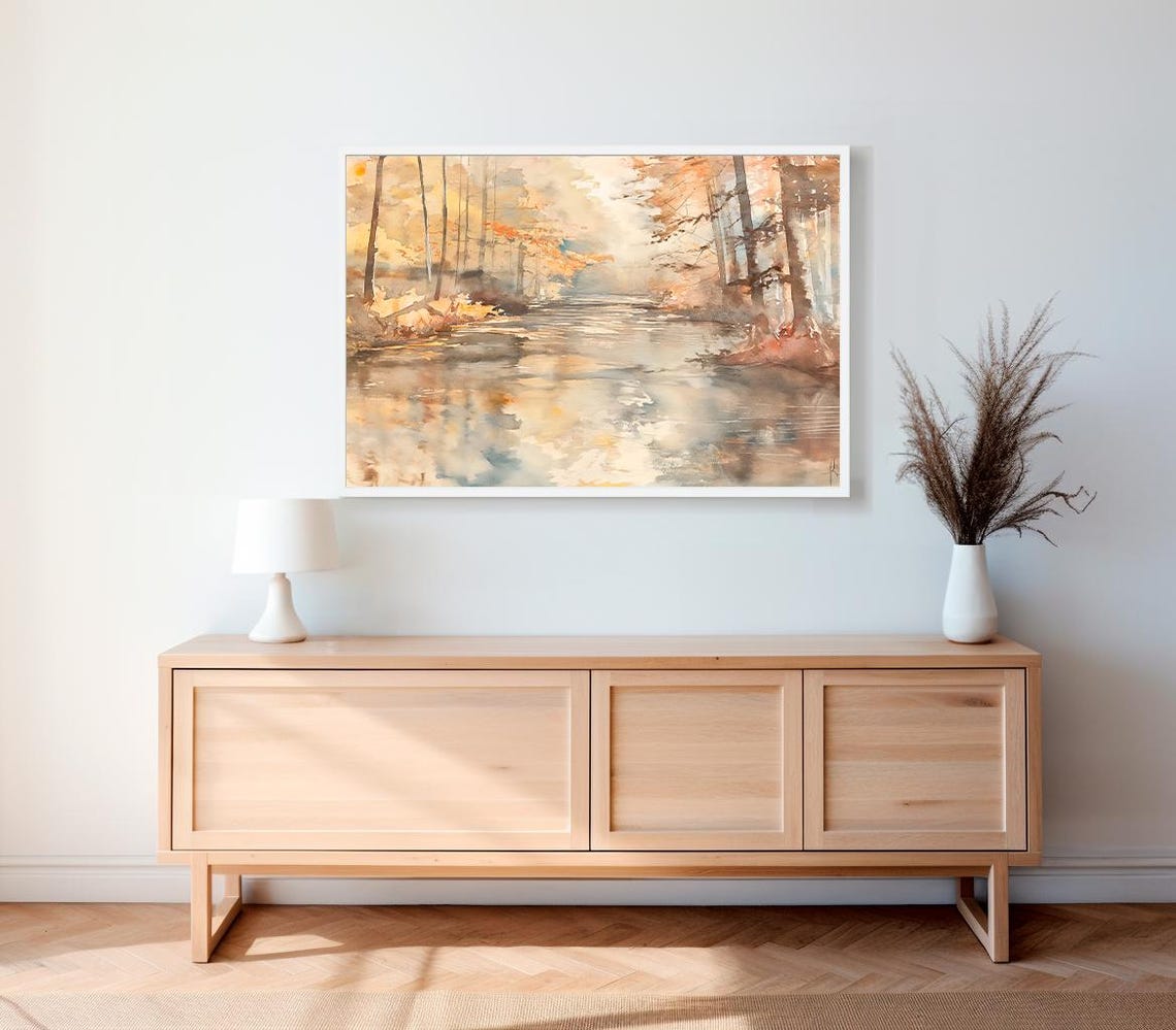 Autumn Forest River Winding Through Golden Trees Watercolor Art Poster - Image 2