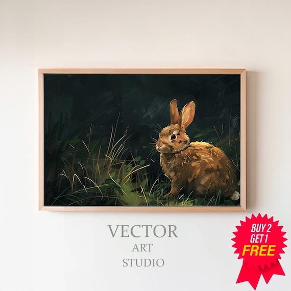 Brown Bunny in Dark Night Grass Wildflower Meadow Art Poster