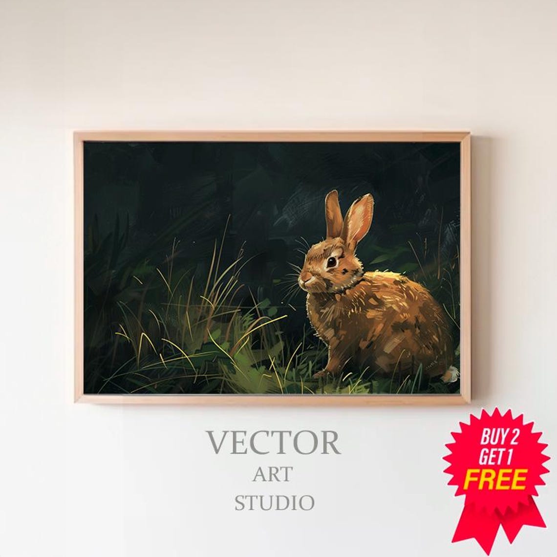 Brown Bunny in Dark Night Grass Wildflower Meadow Art Poster
