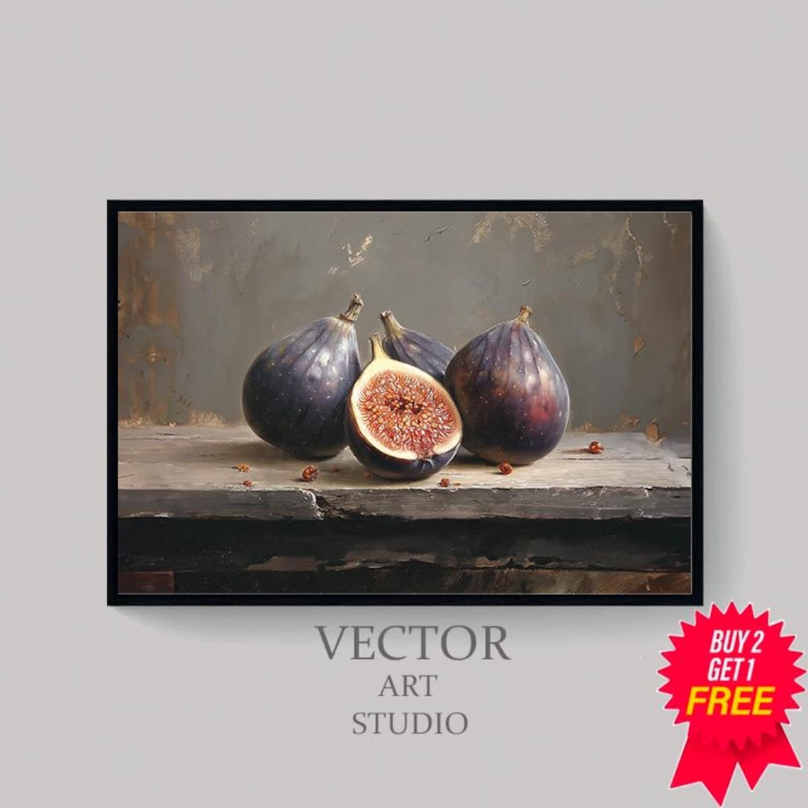 Ripe Dark Figs Still Life Oil Painting on a Rustic Wooden Table Poster - Image 4