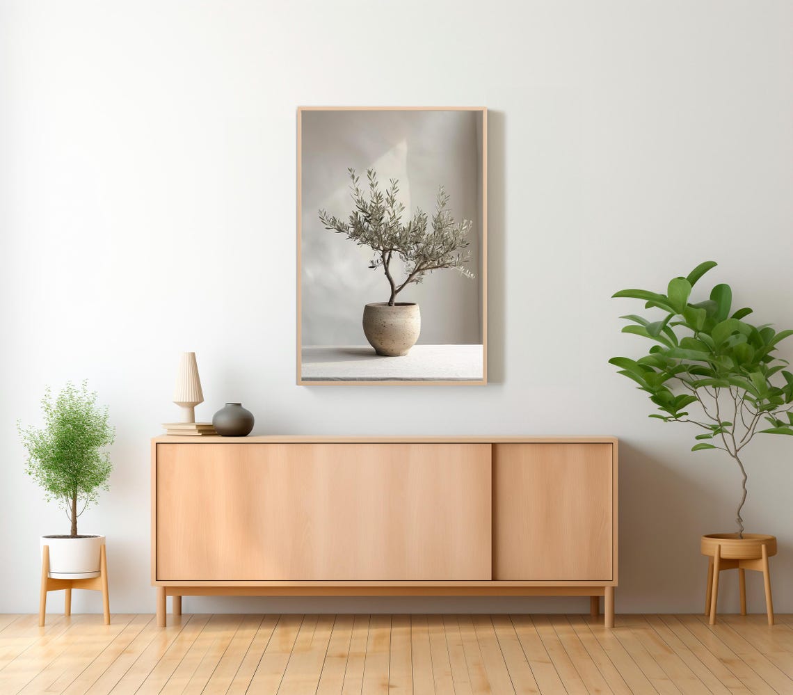 Bushy Olive Tree in a Speckled Pot Sunlit Minimal Still Life Poster - Image 2