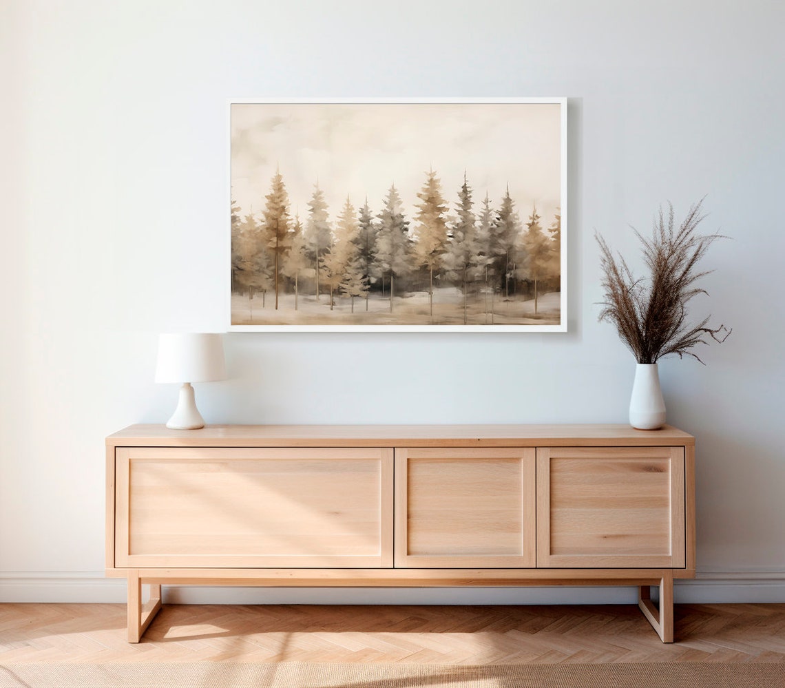 Misty Pine Forest in Soft Gray Beige Watercolor Landscape Poster - Image 2