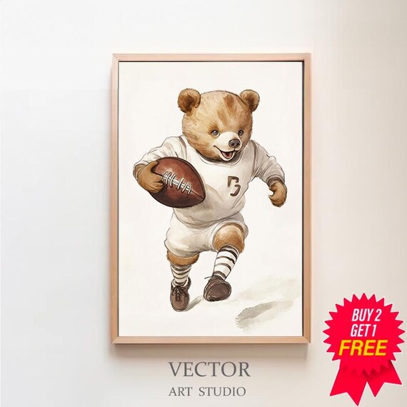 Teddy Bear Football Player Running With the Ball Nursery Poster