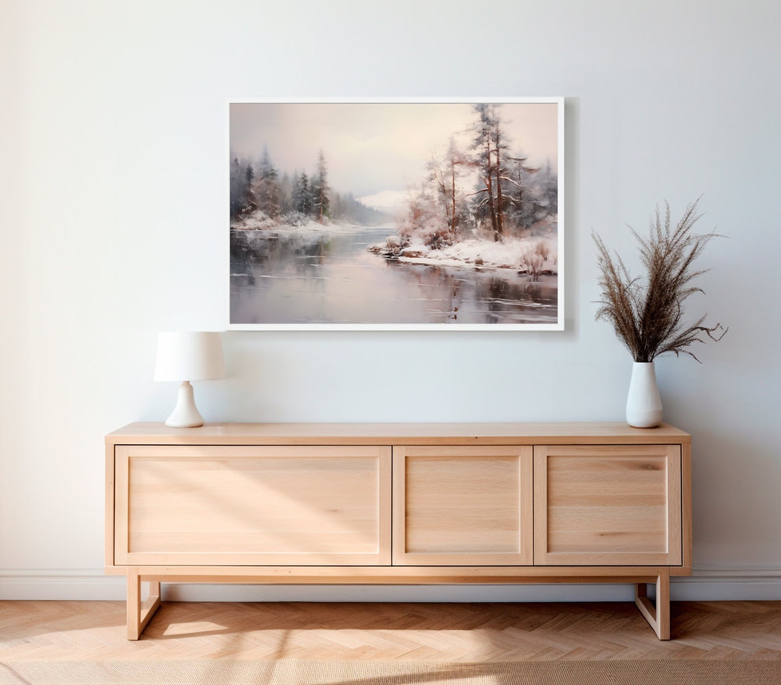 Snowy Winter Forest Lake Landscape in Soft Gray Tones Poster - Image 2