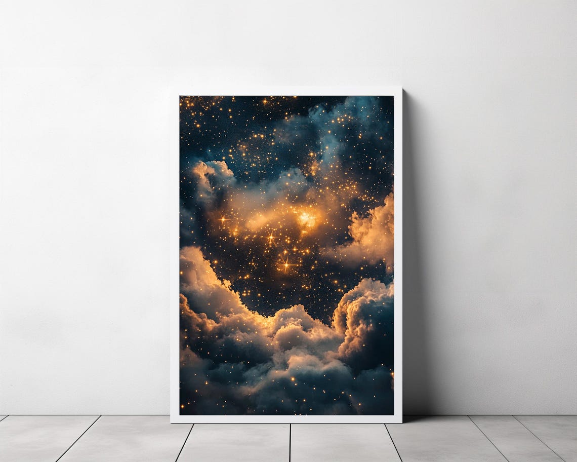Golden Stars Sparkling Above Cloudy Night Sky Celestial Poster - Image 3