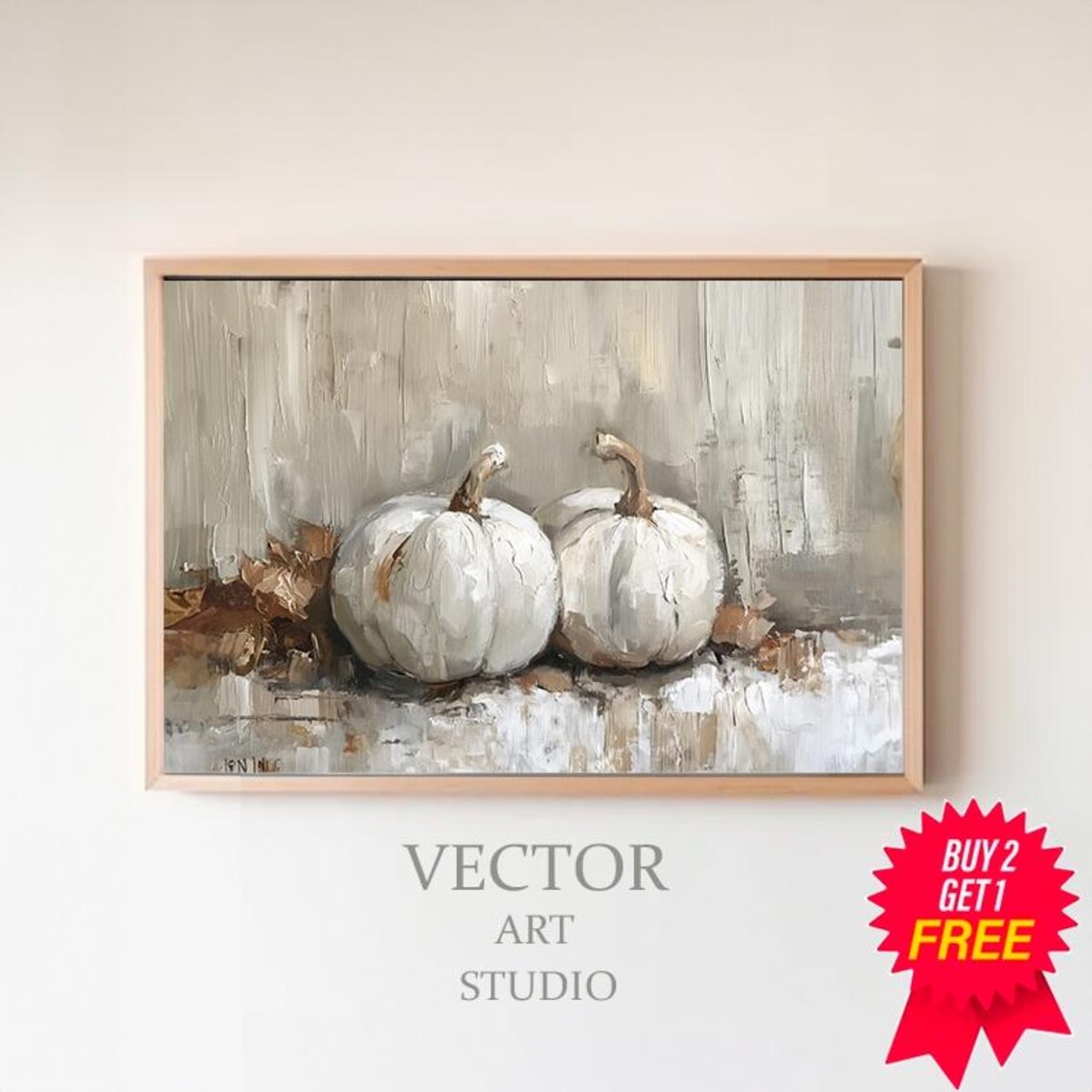Two White Pumpkins with Autumn Leaves in a Rustic Still Life Art Poster