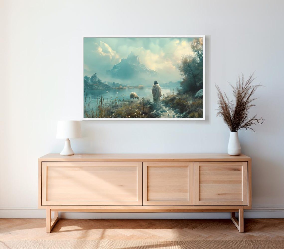 Jesus and a Sheep Gazing Across a Misty Mountain Lake Poster - Image 2