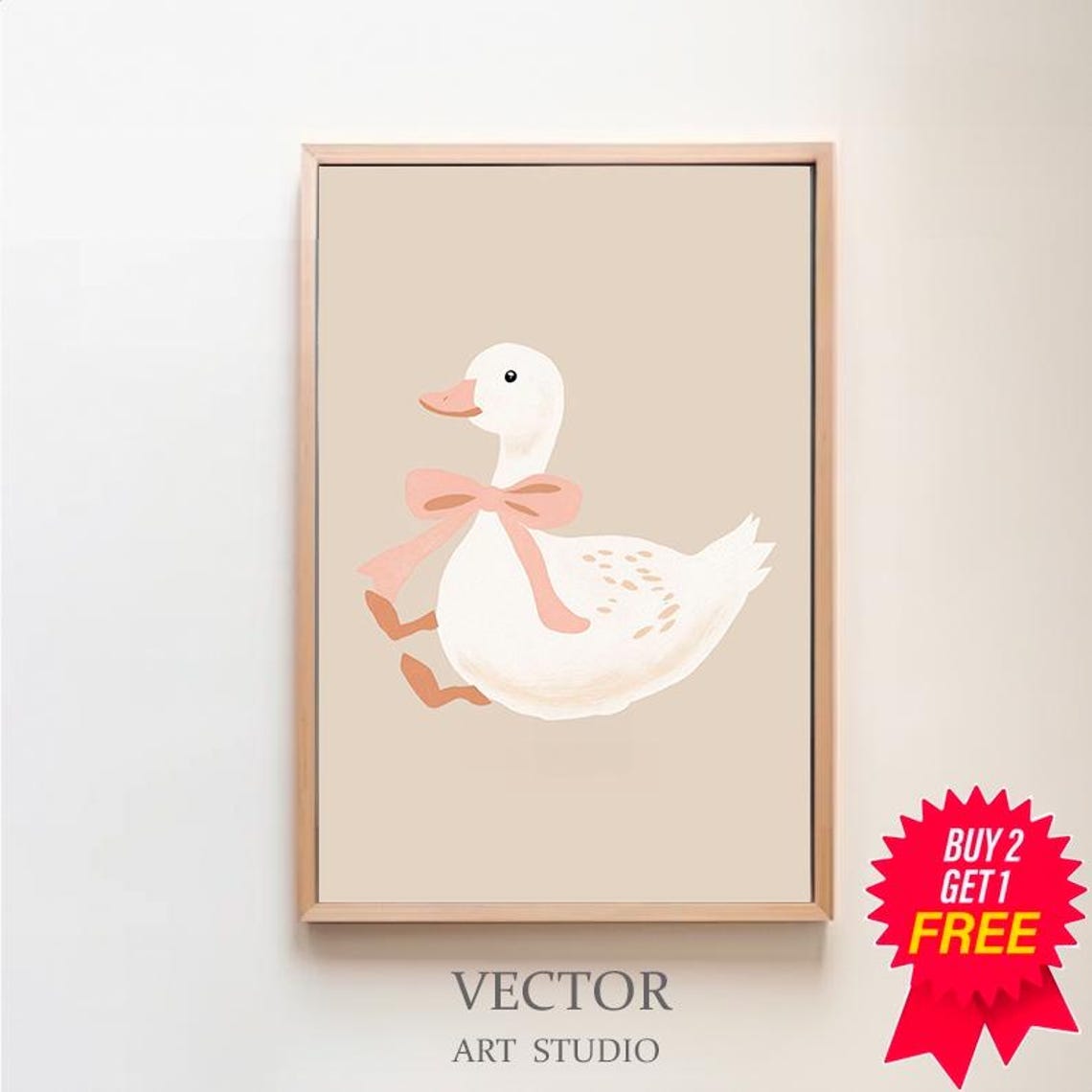 Silly Goose With a Pink Bow on a Beige Minimalist Nursery Art Poster